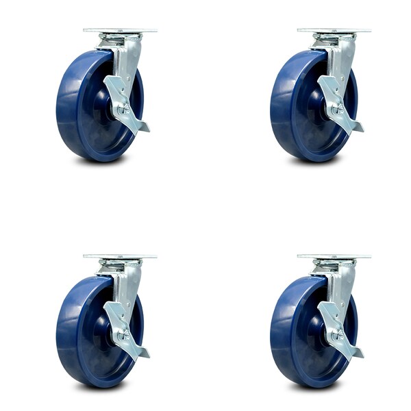 8 Inch Solid Polyurethane Caster Set with Roller Bearing and Brake/Swivel Lock